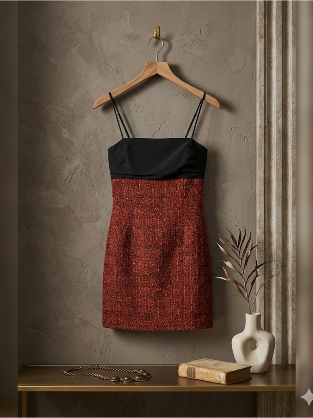 Anthropologie Maeve Bow Square Neck Tweed Mini Dress Red Black NWT Medium